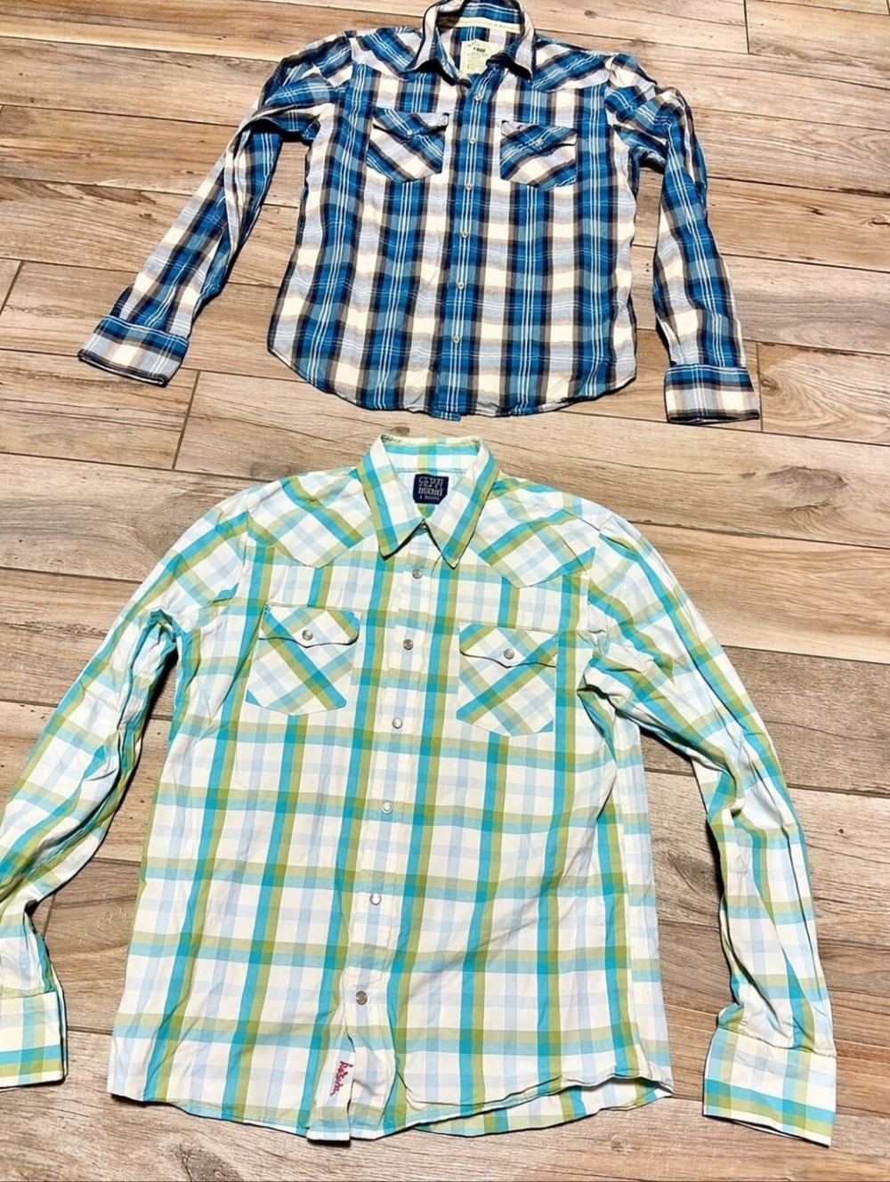Bundle Of 2 Hollister Vintage  Men’s Light Blue & Green Plaid Button-Up Shirts